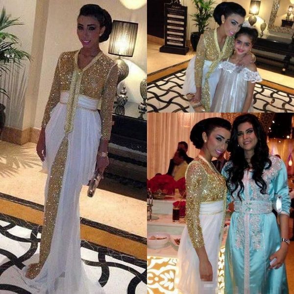 

2019 Sequins Evening Dresses For Arabic Women Long Sleeve Vestidos de Festa Gold Sequins Long Mermaid Muslim Ruched Chiffon Prom Gowns