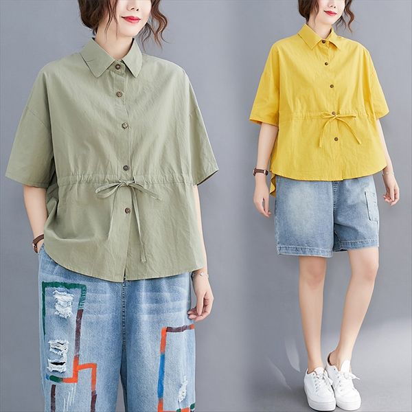 

2020 large size size casual artistic cotton t-shirt and linen t-shirt loose short sleeve cotton and linen top, White