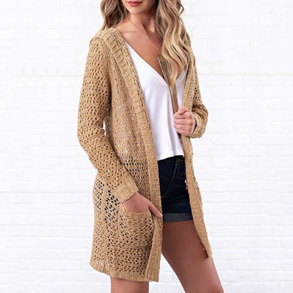 

new fashion knitwears casual coats womens high qualtiy hooded openwork knit cardigan plus size female long cardigan sweater, White