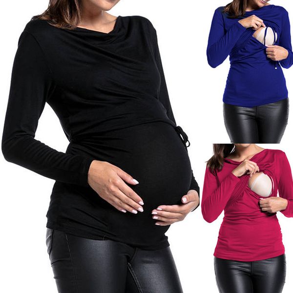 

maternity clothes winter Women breastfeeding clothes Pregnant Long Sleeve Maternity Breastfeed Top Lace Up Double Layer Blouse