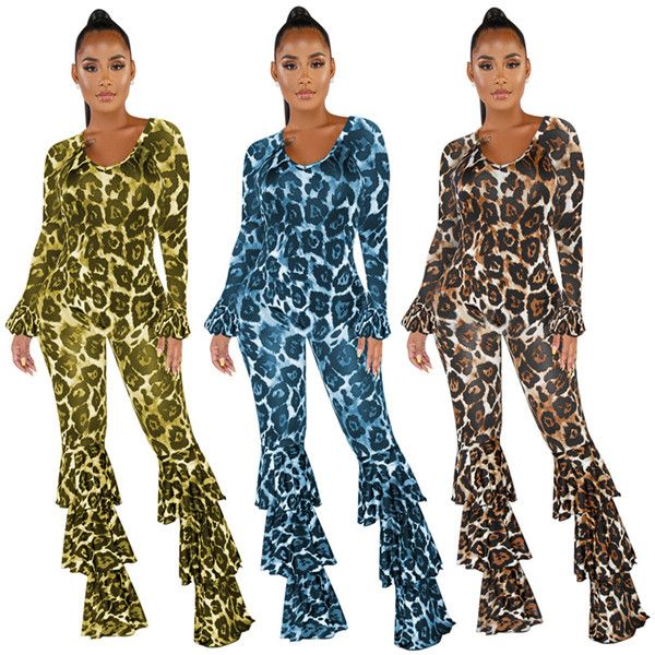 

leopard print bodycon jumpsuit women romper long flare sleeves print ruffled jumpsuits female streetwear overalls, Black;white