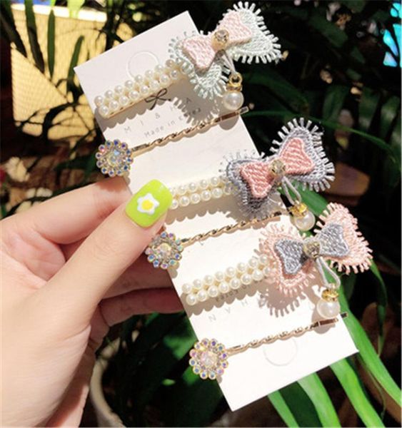 

children child girl kids bb hair clips hairpin set cute korean japan sweet bow tie knot pearl head wear accessories-hl-w12, Slivery;white