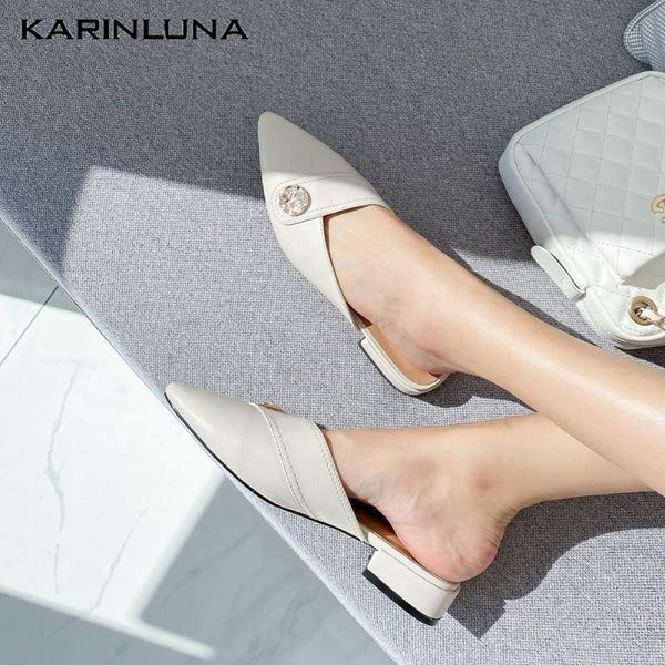 

karin 2020 new fashion genuine leather women mules sandals square heel pointed toe metal decoration pumps dress women shoes, Black