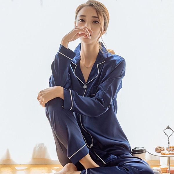 

imitation silk women pajamas set soft sleepwear spring fashion smooth long sleeve homewear homies nightwear new fashion, Black;red