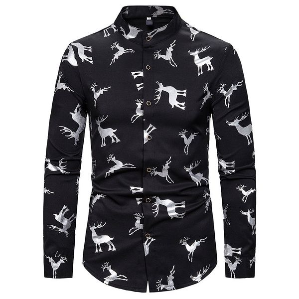 

men shirt streetwear social fashion long sleeve clothing christmas printed casual slim fit male standing collar brand shirt, White;black