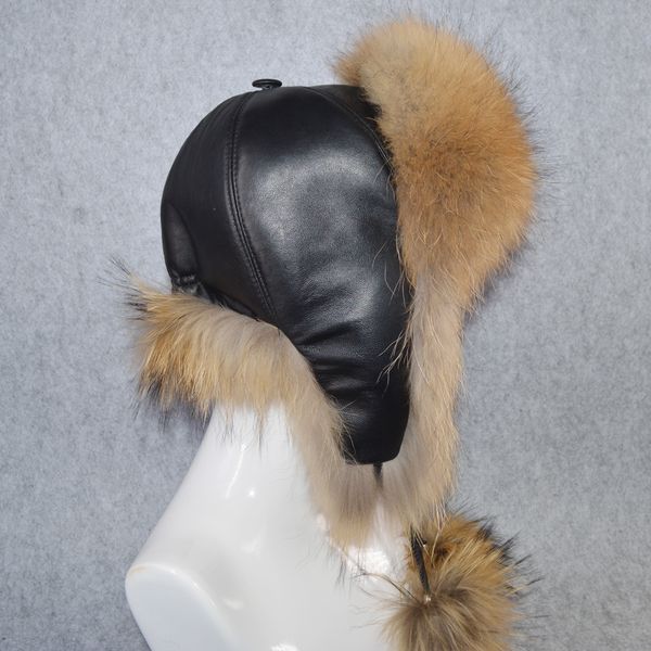 

natural women 2019 real fox fur hat winter ushanka bomber cap snow wind thick warm fur real sleepskin leather caps, Blue;gray