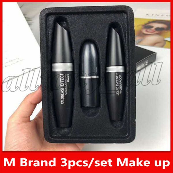 

famous m brand make up set waterproof liquid eyeliner + falselash effect mascara + matte lipstick set 3 in 1 cosmetic kits