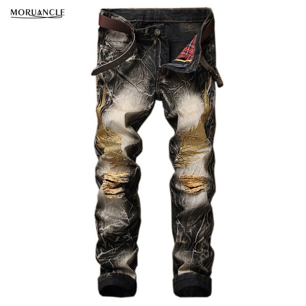 

moruancle мужские рваные джинсы брюки крылья вышивка мода урожай проблемные джинсовые брюки hole jogger джинсы плюс размер 29-42, Blue