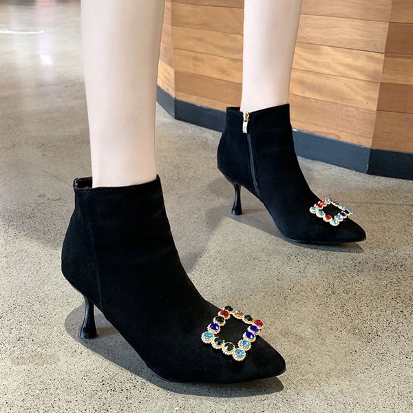 

women's pointed stiletto boots ladies single side zipper stretch knitting short bootsÂ ladies women's footwear drop shipping, Black