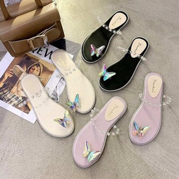 

slippers female 2020 summer new butterfly decoration low heel set toe pearl fashion outer penetrating light, Black