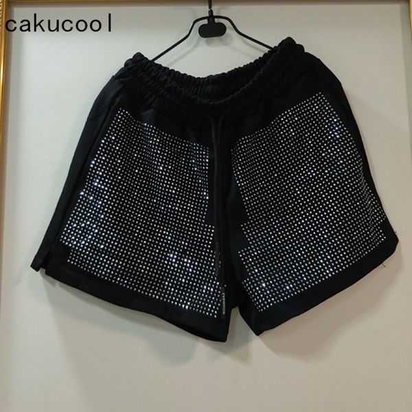 

cakucool women summer shorts stamping diamonds wide leg shorts sequined bling casual black capris plus size female, White;black