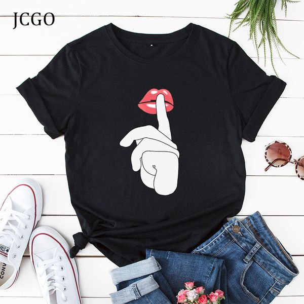 

jcgo лето футболка женщины o-образным вырезом с коротким рукавом футболки хлопок губы печати плюс размер s-5xl мода повседневная свободные ф, White