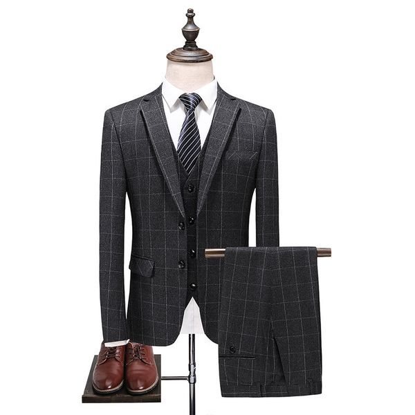 

suit men three-piece set business casual plaid small suit slim fit summer man groom marriage formal dress, White;black