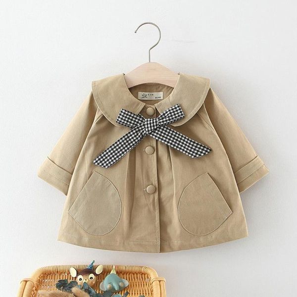 

toddler kids girls coat solid plaid windproof coat outwear casual clothes plaid bow tie long sleeve kids trench outerwear, Blue;gray