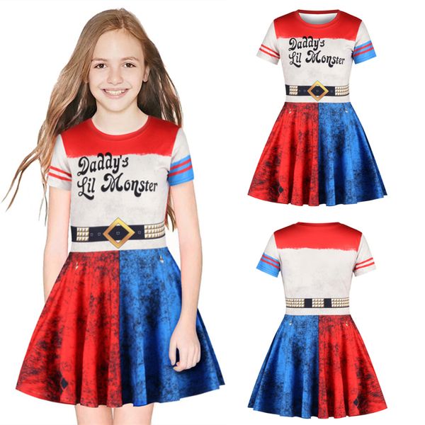 

2 designs harley quinn 3d printed kids girls party cosplay dresses summer girls dresses kids designer clothes girls princess dress dhl jy47, Red;yellow