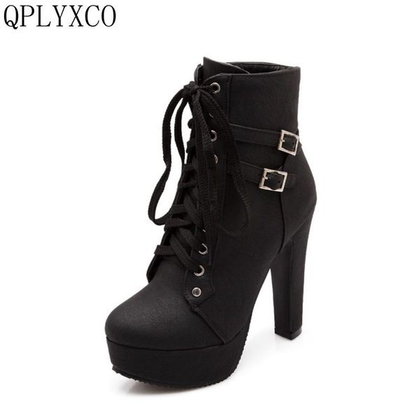 

qplyxco 2017 new super big &small size 30-50 autumn winter ankle boots shoes women's short boots lace up high heel(12cm) c-3, Black
