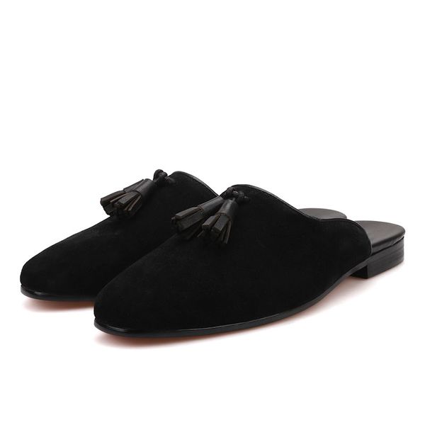 

new arrival handmade men's suede slippers fashion party show men's fringe shoes large sizes half designs man loafers flip flops, Blue;gray