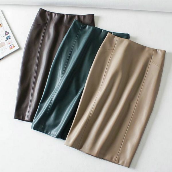 

women soft pu leather pencil midi skirt autumn ladies package hip back split faux leather pencil skirt burgundy green, Black