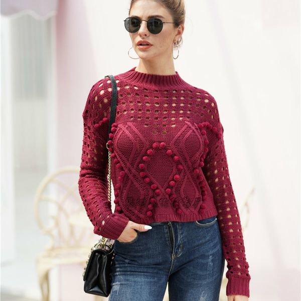 

elegant fur pompon women sweater autumn winter sleeve knitted sweater female streetwear ladies pullover jumper o-neck short full, White;black