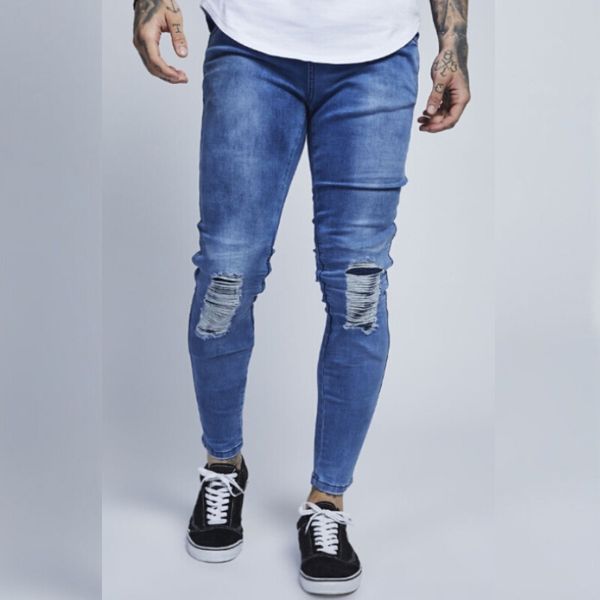 

2019 fashion men's ripped jeand skinny biker destroyed frayed designed pencil pants men slim fit denim pants, Blue