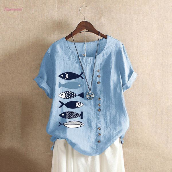 

women casual loose fish print shirt o neck button tunic shirt womens blouses fashion 2020 plus size tapa impresa, White