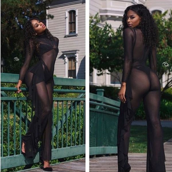 

muxu fashion black transparent bodysuit rompers womens jumpsuit one piece body suit bodysuit long sleeve playsuits summer, Black;white