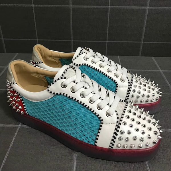 

low cut sneakers leisure lace up blue net leather silver spikes heel red bottoms for men shoes flat loafers footwear, Black