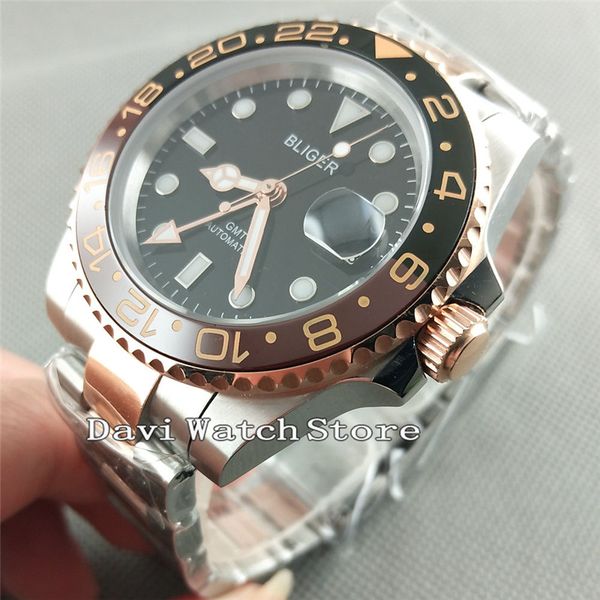 

bliger 40mm aatmosphere black dial rose gold gmt sapphire glass automatic wrist watch 2625, Slivery;brown
