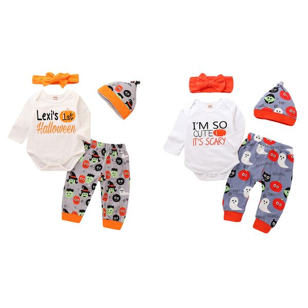 

newborn baby cartoon set infant boy girls letter cartoon pumpkin ghost romper halloween themed kids outfits pants hat headband 06, White