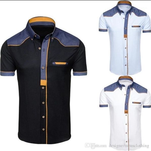 

sleeve mens shirts turn down collar skinny teenager shirts summer male designer patchwork short, White;black
