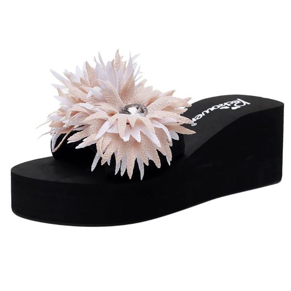 

women's slipper solid color non-slip feet flip-flops high-heeled summer beach sliders casual ladies wedges sandals shoes#316, Black