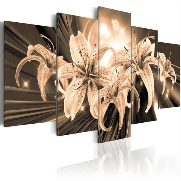 

5 panels canvas print brown lily orchid landscape poster modern home wall decor painting canvas printing art hd print painting