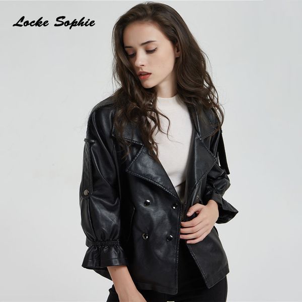 

women's plus size short jacket blazers 2019 autumn pu leather faux fur double-breasted jacket ladies skinny locomotive blazers, Black