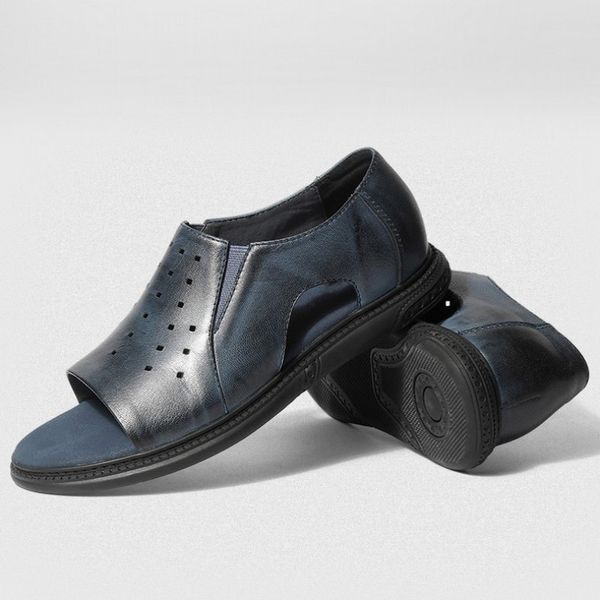 

Summer Mens Hollow Out Shoes Breathable Loafers Brand Genuine Leather Gladiator Sandals Male Leisure Slip On Beach Sandals Black