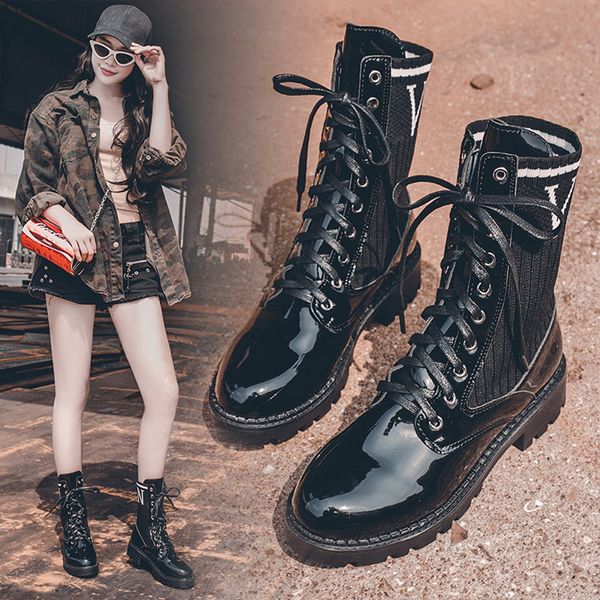 

low heels booties lace up women's rubber boots bootee woman 2019 autumn shoes luxury designer booties ladies round toe rain, Black