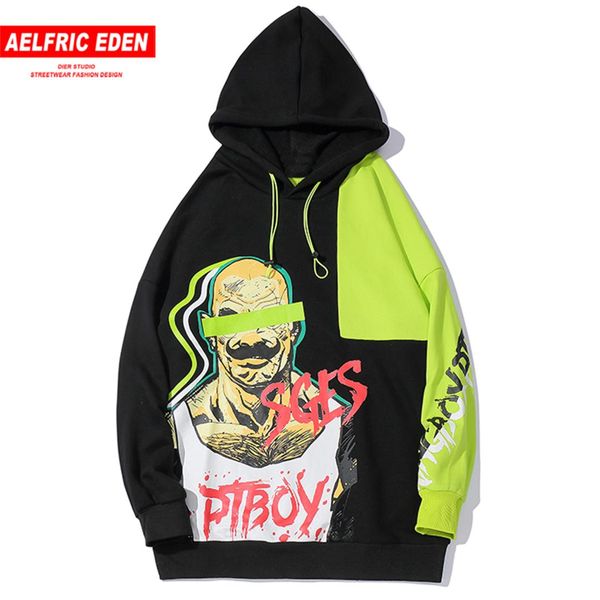 

aelfric eden hip hop patchwork boy printed mens hooded sweatshirts harajuku hoodies fashion casual cotton pullovers streetwear, Black