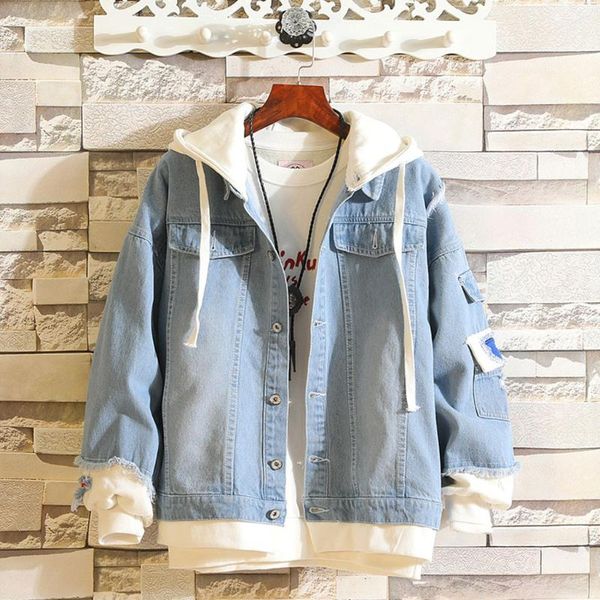 

men jackets spring autumn fake two pieces patchwork denim hooded jacket causal worn hole coat outwear male plus size, Black;brown