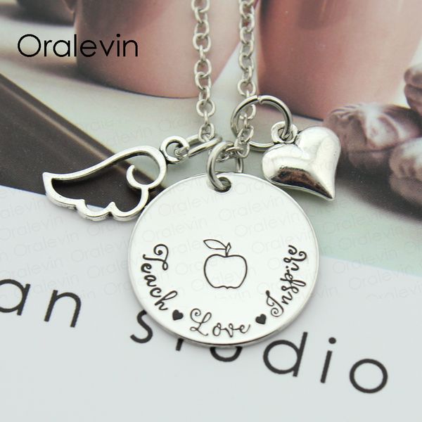 

teach love inspire inspirational hand stamped engraved floating charms necklace gift for teacher jewelry,10pcs/lot, #ln1718, Silver