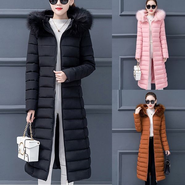 

women fashion outerwear long cotton-padded jackets pocket faux fur hooded coats elegante soprabito nice tides, Black
