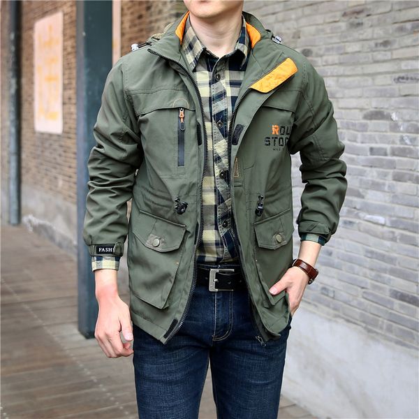 

spring jacket men casual plus size 5xl 6xl thin hooded waterproof army jackets zipper coat multi pocket windbreaker men, Black;brown