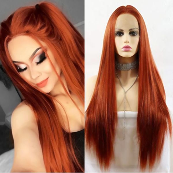 Natural Hairline High Temperature Long Straight Dark Orange Wigs