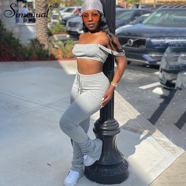 

simenual off shoulder matching sets women sleeveless club party two piece outfits bodycon and stacked pants set y200701, White