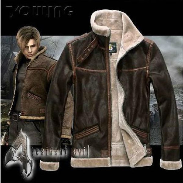 

re4 resident evil 4 iv leon kennedy pu faux leather fur jacket all size leather costumes long-sleeve coat dhl ing, Black;brown