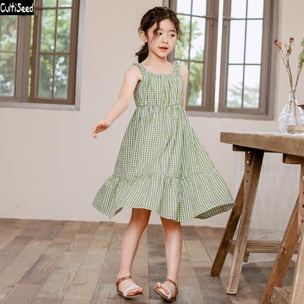 

girl summer plaid dress 2020 new fashion big children girls spaghetti strap ruffles plaid dress kids cute princess party dresses t200417, Red;yellow