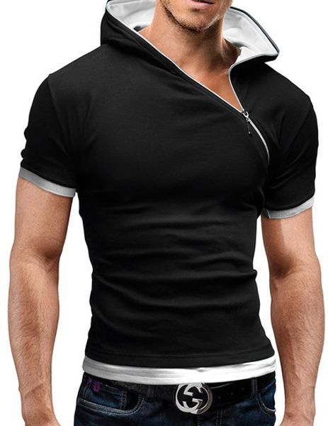 

2019 new men's zipper shirt tees summer cotton v neck short sleeve t shirt men fashion hooded slim t shirts, White;black