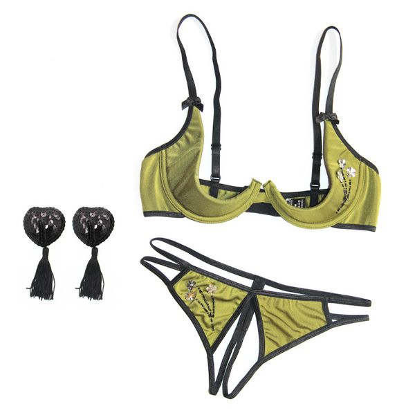 

push up cupless bra three-point open crotch panties women beaded underwear green set erotic lingerie nightwear costumes, Red;black