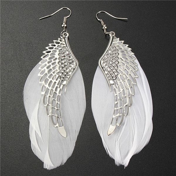 

1 pair retro lady women angel wings feather dangle earrings ear stud alloy jewelry, Silver