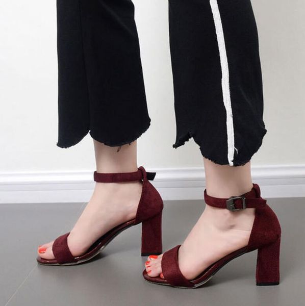 

summer 2020 new designer mail special for square-head, open-toe, frosted suede women's shoes with a single word buckle, high heel, thic, Black