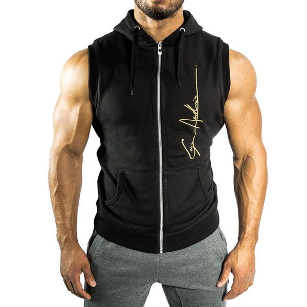 

2018 mens sleeveless hoodies fashion casual hooded sweatshirt men bodybuilding tank sporting shirt waistcoat vest, White;black