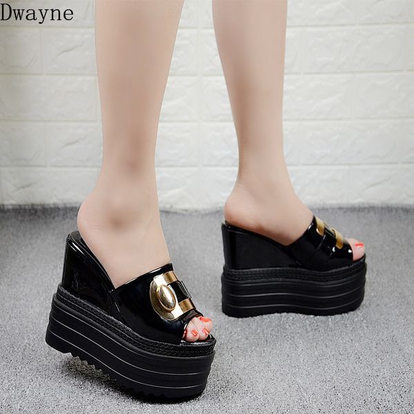 

summer new women's slippers muffin bottom increased slippers waterproof platform 13cm super high heel t18, Black